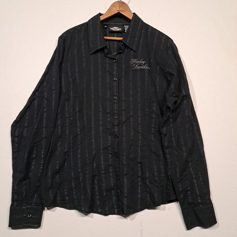 Harley-Davidson Shirt Women's XL Black Silver Lurex Stripe Button Down Angel